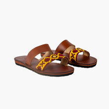 Charger l'image dans la galerie, Embroidered Yellow And Dark Red Two-Strap Leather Sandals