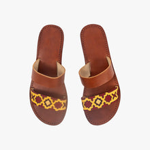 Charger l'image dans la galerie, Embroidered Yellow And Dark Red Two-Strap Leather Sandals
