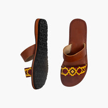 Charger l'image dans la galerie, Embroidered Yellow And Dark Red Two-Strap Leather Sandals