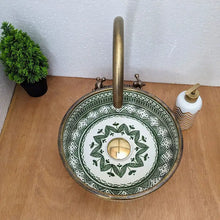 Load image into Gallery viewer, Decorative metal tray with green and white pattern on a wooden surface