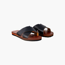 Carica l'immagine nel visualizzatore di Gallery, Sandali Ciabatte Infradito Nere in Pelle con Cinturino Incrociato Fatti a Mano da Donna
