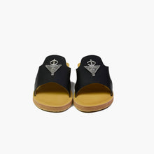 Load image into Gallery viewer, Front view of handmade black leather slide sandals with Berber silver adornments