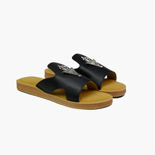 Load image into Gallery viewer, Main angle view of handmade black leather slide sandals with Berber silver adornments