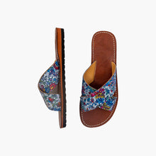 Load image into Gallery viewer, Handmade Blue Floral Print Moroccan Cross Strap Slide Sandals for Women