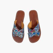 Load image into Gallery viewer, Handmade Blue Floral Print Moroccan Cross Strap Slide Sandals for Women