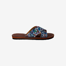 Load image into Gallery viewer, Handmade Blue Floral Print Moroccan Cross Strap Slide Sandals for Women