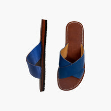 Load image into Gallery viewer, Handmade Blue Leather Cross Strap Slide Sandals for Women