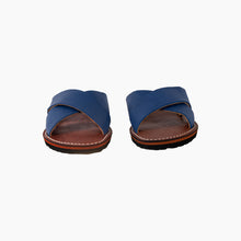 Load image into Gallery viewer, Handmade Blue Leather Cross Strap Slide Sandals for Women