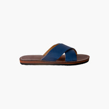 Load image into Gallery viewer, Handmade Blue Leather Cross Strap Slide Sandals for Women