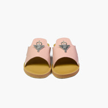 Load image into Gallery viewer, Front view of handmade blush pink leather slide sandals with Berber silver adornments