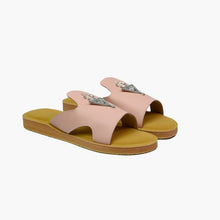 Load image into Gallery viewer, Main angle view of handmade blush pink leather slide sandals with Berber silver adornments