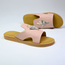 Load image into Gallery viewer, Pair angle of handmade blush pink leather slide sandals with Berber silver adornments
