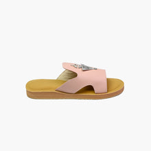 Load image into Gallery viewer, Side view of handmade blush pink leather slide sandals with Berber silver adornments
