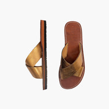 Load image into Gallery viewer, Handmade Metallic Gold Crisscross Leather Slide Sandals for Women