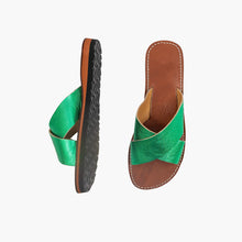 Load image into Gallery viewer, Handmade Metallic Green Cross-Strap Leather Slide Sandals for Women
