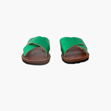 Load image into Gallery viewer, Handmade Metallic Green Cross-Strap Leather Slide Sandals for Women