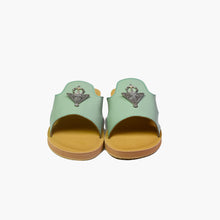 Load image into Gallery viewer, Front view of handmade mint green leather slide sandals with Berber silver adornments