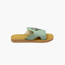 Load image into Gallery viewer, Side view of handmade mint green leather slide sandals with Berber silver adornments