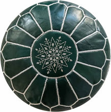 Load image into Gallery viewer, Green leather pouf with star design on a white background