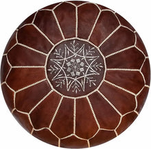 Load image into Gallery viewer, Round brown leather ottoman with white embroidery on a white background
