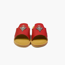 Load image into Gallery viewer, Front view of handmade red leather slide sandals with Berber silver adornments
