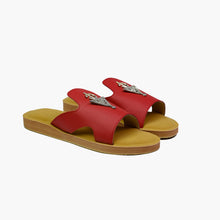 Load image into Gallery viewer, Main angle view of handmade red leather slide sandals with Berber silver adornments