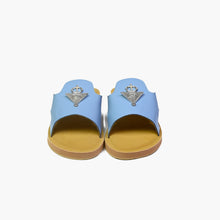 Load image into Gallery viewer, Front view of handmade sky blue leather slide sandals with Berber silver adornments