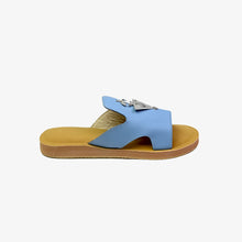 Load image into Gallery viewer, Side view of handmade sky blue leather slide sandals with Berber silver adornments