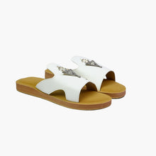 Load image into Gallery viewer, Main angle view of handmade white leather slide sandals with Berber silver adornments