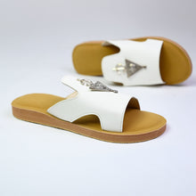 Load image into Gallery viewer, Pair angle of handmade white leather slide sandals with Berber silver adornments