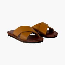 Load image into Gallery viewer, Handmade tan Leather Cross Slide dark brown insole Sandals
