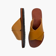Load image into Gallery viewer, Handmade tan Leather Cross Slide dark brown insole Sandals