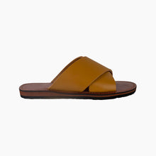 Load image into Gallery viewer, Handmade tan Leather Cross Slide dark brown insole Sandals