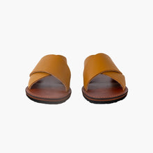 Load image into Gallery viewer, Handmade tan Leather Cross Slide dark brown insole Sandals