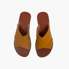 Load image into Gallery viewer, Handmade tan Leather Cross Slide dark brown insole Sandals