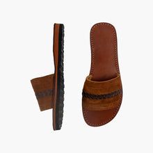 Charger l&#39;image dans la galerie, Brown Suede Leather Slide Sandals with Braided Strap
