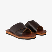Load image into Gallery viewer, Moroccan Brown Leather Cross Slide Sandals
