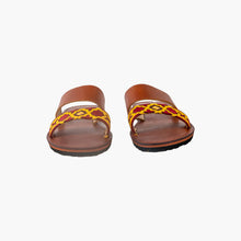 Load image into Gallery viewer, Embroidered Yellow And Dark Red Two-Strap Leather Sandals
