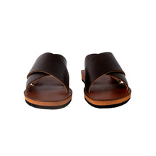 Load image into Gallery viewer, Moroccan Brown Leather Cross Slide Sandals
