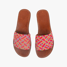 Load image into Gallery viewer, Handwoven Leather Slide Sandals – Brown, Pink &amp; Lavender
