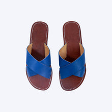 Load image into Gallery viewer, Handmade Blue Leather Cross Strap Slide Sandals for Women
