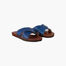 Load image into Gallery viewer, Handmade Blue Leather Cross Strap Slide Sandals for Women
