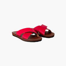 Load image into Gallery viewer, Handmade Bright Pink Leather Cross Strap Slide Sandals for Women
