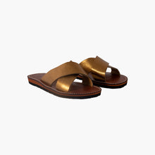 Load image into Gallery viewer, Handmade Metallic Gold Crisscross Leather Slide Sandals for Women
