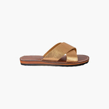 Load image into Gallery viewer, Handmade Metallic Gold Crisscross Leather Slide Sandals for Women
