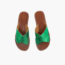 Load image into Gallery viewer, Handmade Metallic Green Cross-Strap Leather Slide Sandals for Women
