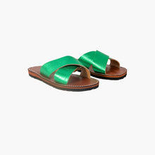 Load image into Gallery viewer, Handmade Metallic Green Cross-Strap Leather Slide Sandals for Women
