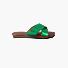 Load image into Gallery viewer, Handmade Metallic Green Cross-Strap Leather Slide Sandals for Women
